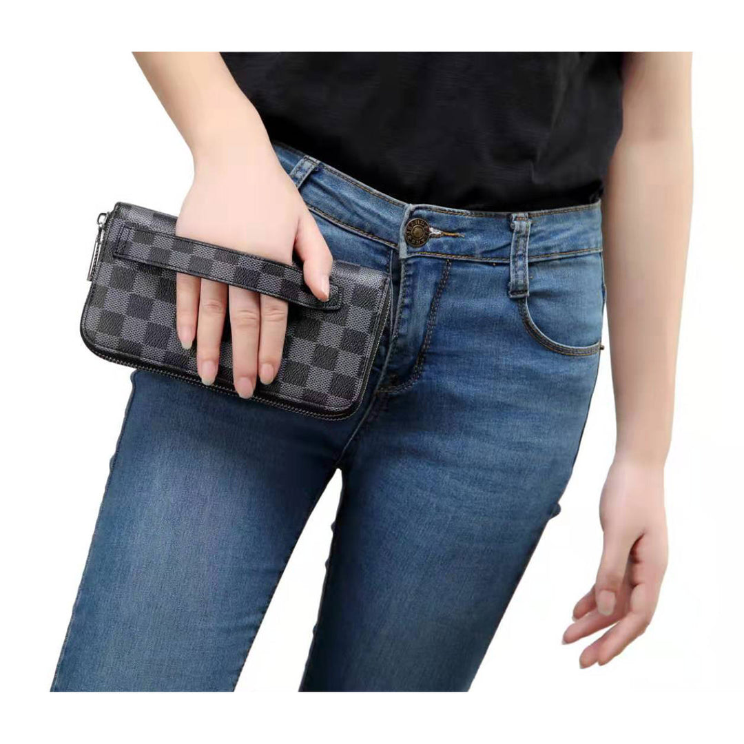 Daisy Rose Dual Zipper Hand Strap Zip Around Wallet and Phone Clutch for  Women - RFID Blocking Checkered Card Holder Organizer PU Vegan Leather 