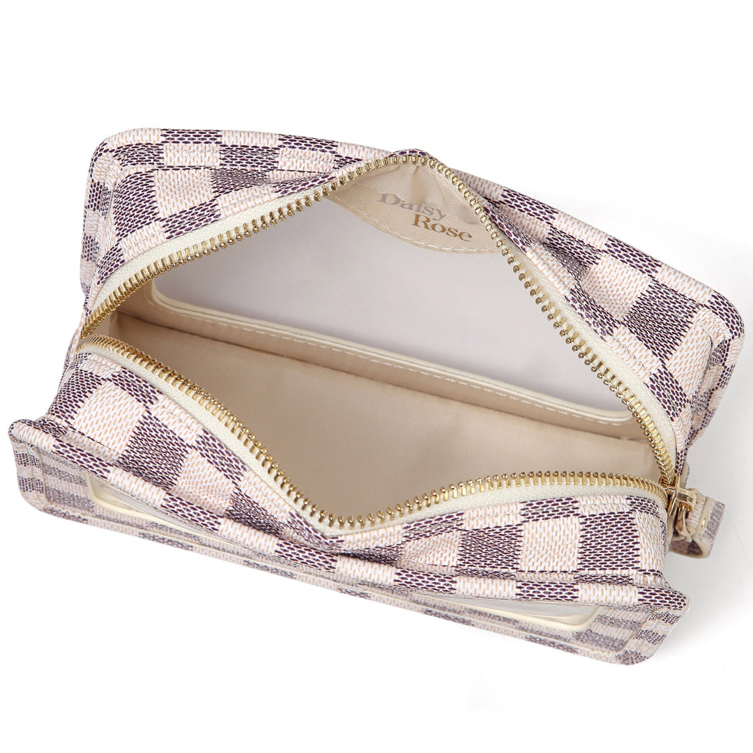 Daisy Rose Cosmetic Toiletry Bag PU Vegan Leather Travel Bag for Women -  Cream Checkered 