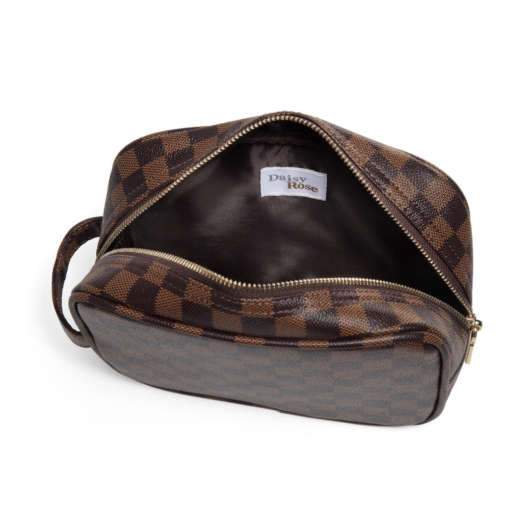 Checkered Travel Makeup Bag, Vegan Leather Large Retro Cosmetic Pouch,  Toiletry Bag for Women, Portable and Waterproof, Brown
