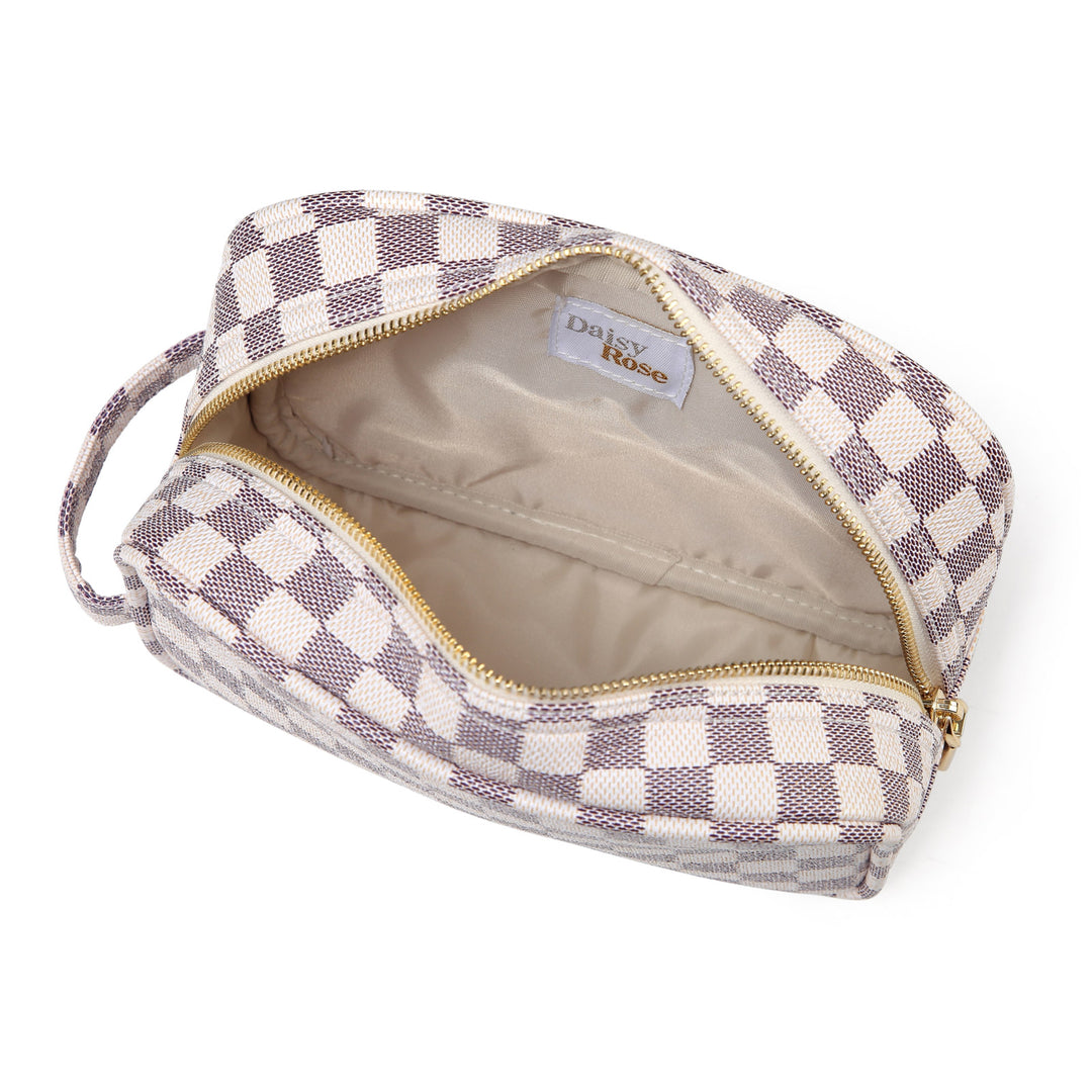 Cream Checkered Cosmetic Bag