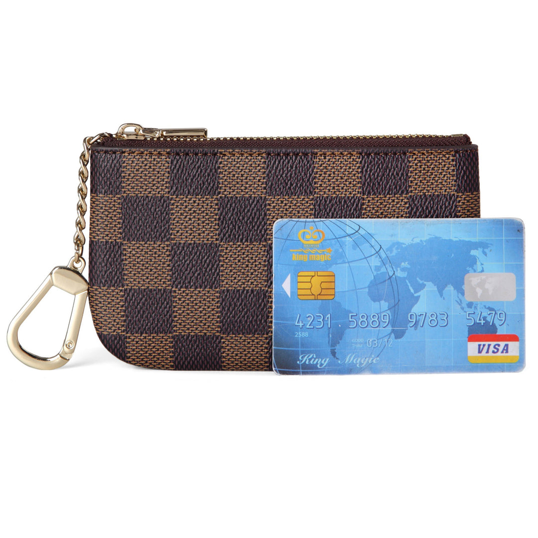 BROWN CHECKERED DAMIER PRINT COIN WALLET ZIP KEY POUCH - NEW